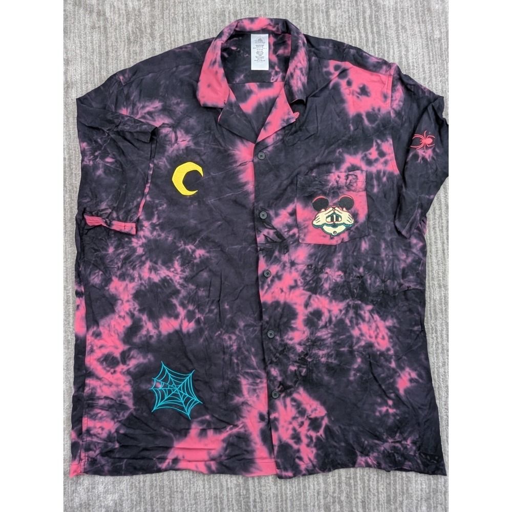 Disney Mickey Mouse Haunted Mansion Tie Dye Button Up Shirt Pink Black Mens 2XL